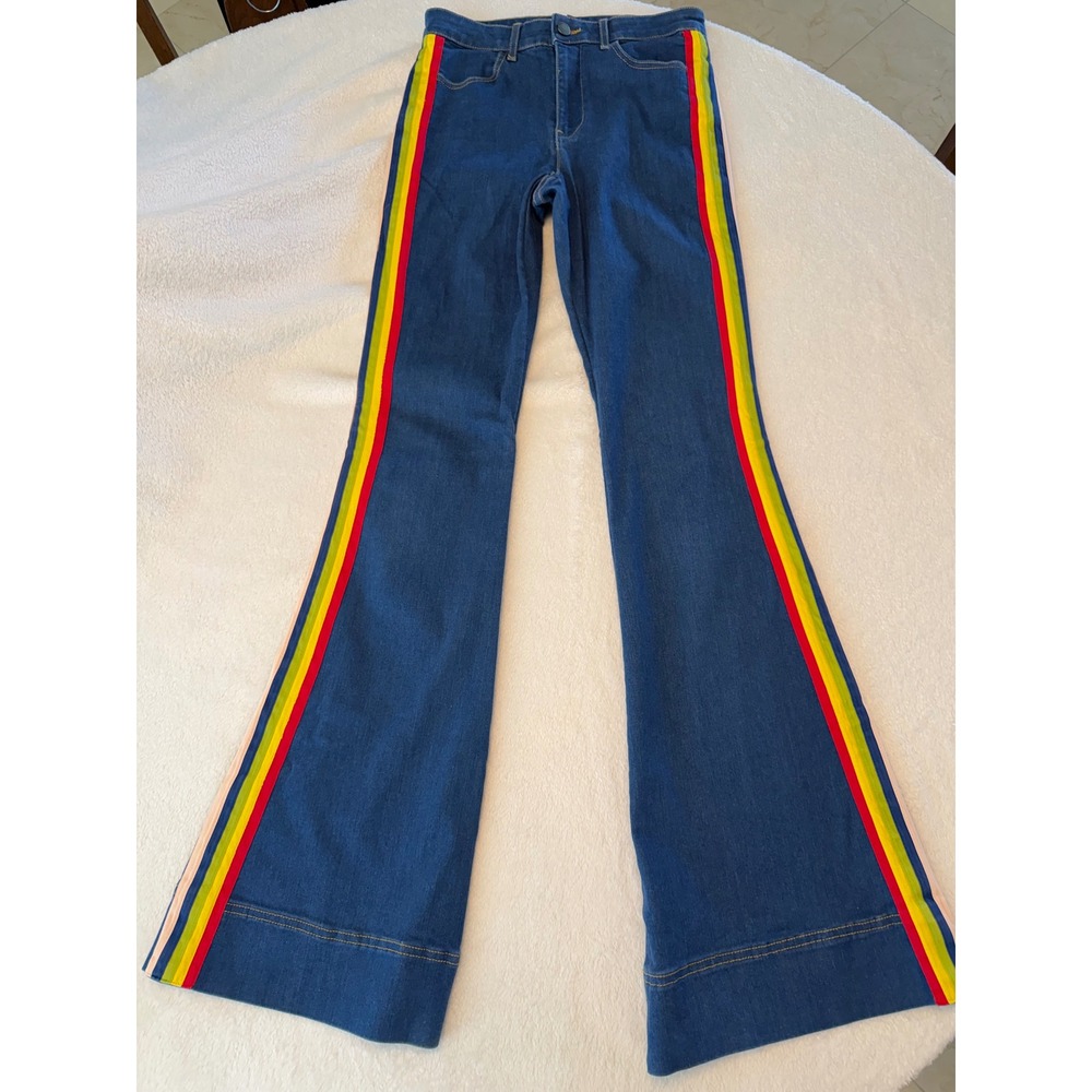 Alice + Olivia Rainbow Side Stripe Flare Jeans Blue CC711C04107 Size 29